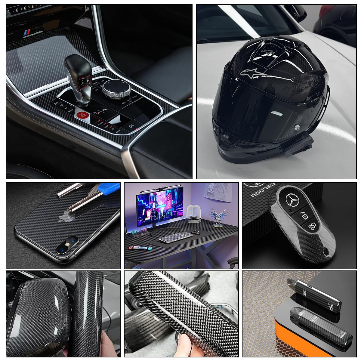 ZIBUYU Gloss Carbon Fiber Car Wrap Film 30x152 cm for Vehicle Surfaces featuring UV-Resistant Peel and Stick Design