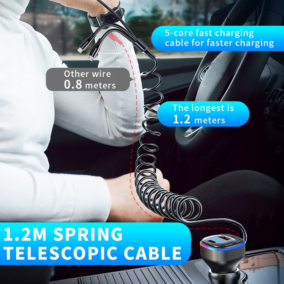 STHIRA Car Charger for 12V and 24V Vehicles with 65W PD Port and 5ft 3‑in‑1 Cable | Multi‑Device Fast Charging