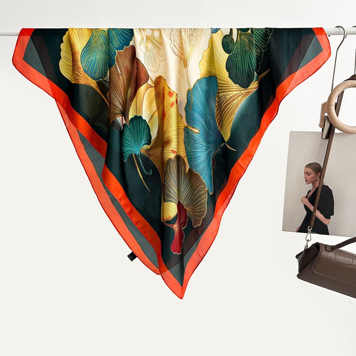 SANNIDHI Silk Hair Scarf for Women featuring Ginkgo Print 27x27 in Square Satin Wrap | Elegant Neck and Handbag Accessory