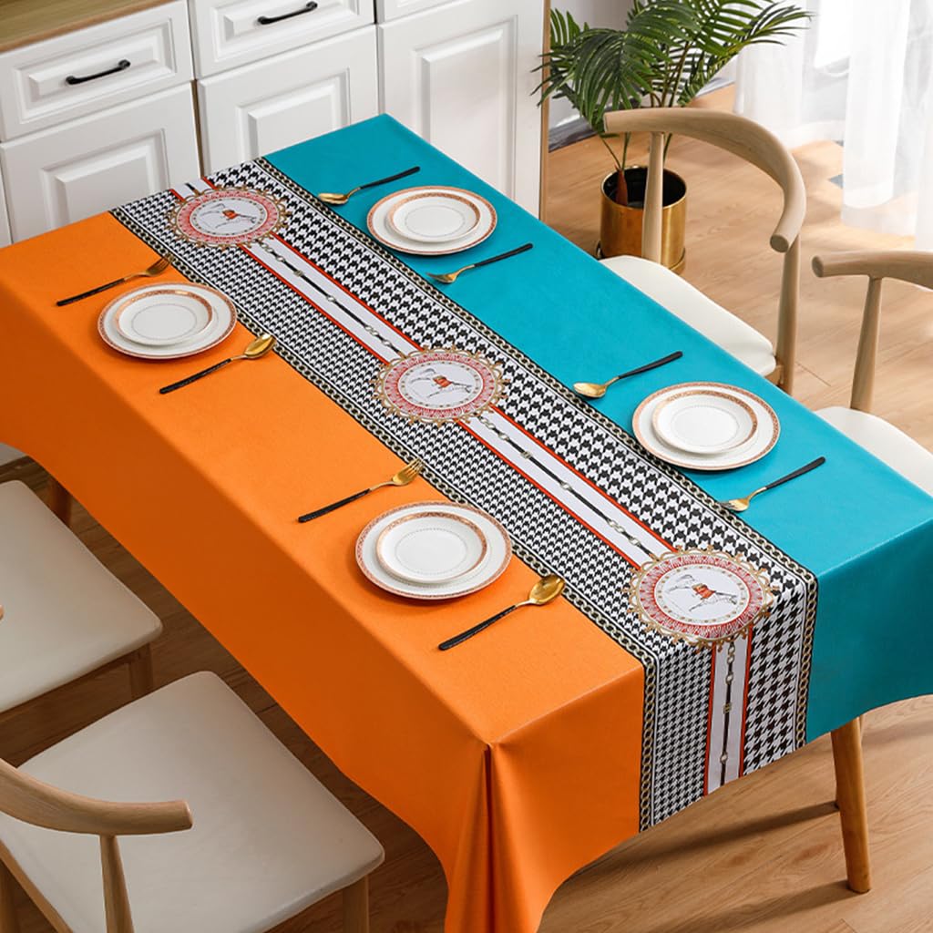 ZIBUYU® Dining Room PVC Tablecloth 140x180cm Waterproof Oil Resistant PVC Tablecloth Fashion Blue Orange Print Table Runner Print Tablecloth Modern Tablecloth for Rectangular Tables, Buffet Tables