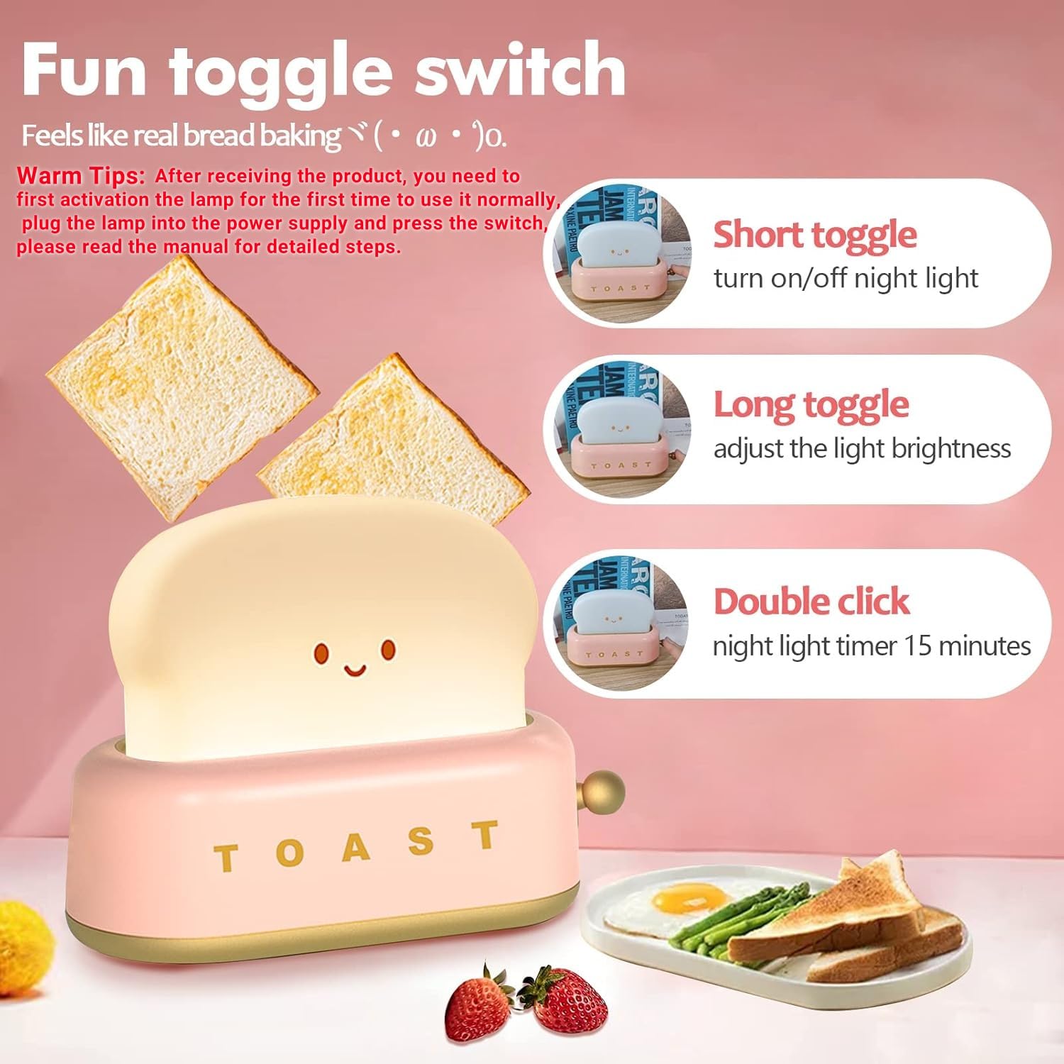 ELEPHANTBOAT Desk Lamp for Kids Room with 800mAh Rechargeable Battery and Auto-Off Timer | Cute Cartoon Toaster Night Light