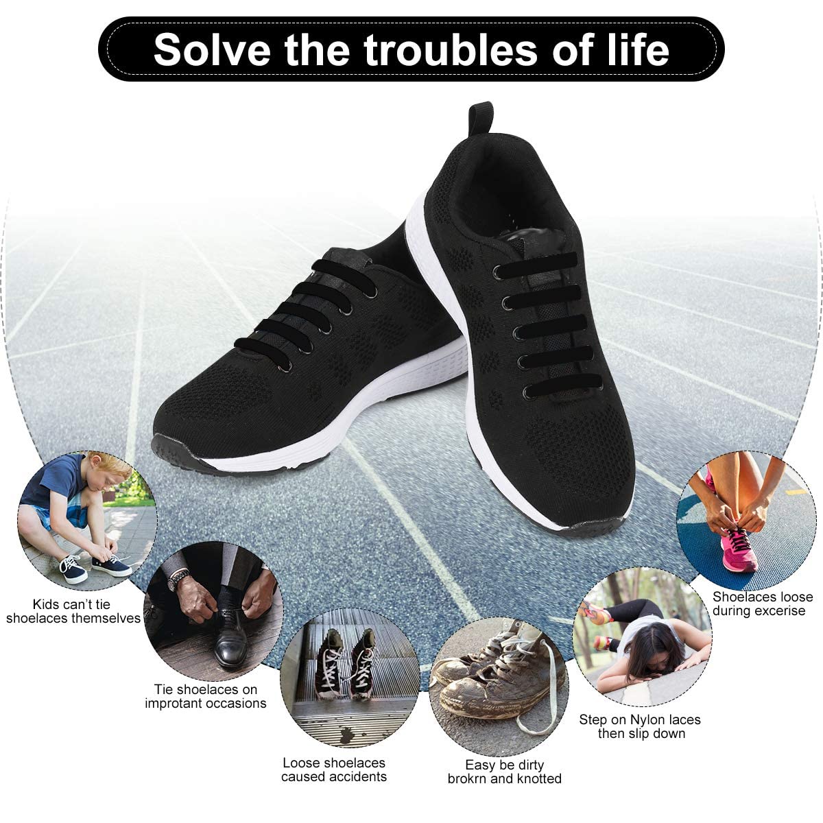 GUSTAVE No Tie Laces for Adults featuring Elastic Lock Silicone Design | Waterproof Black