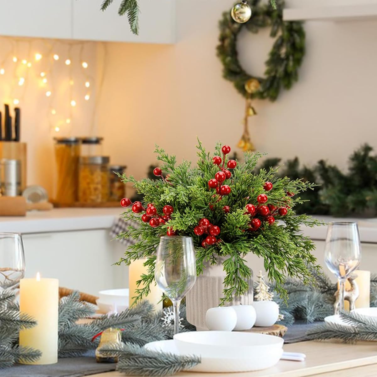 HASTHIP Christmas Pine Branches Set for DIY Decor featuring 35 Pine and 10 Berry Stems