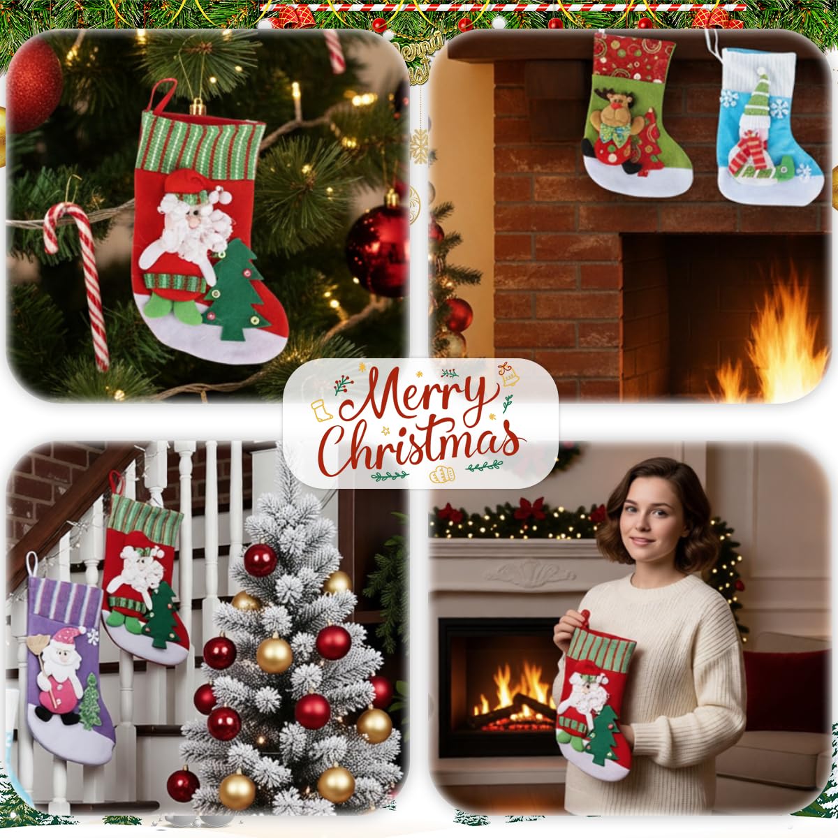 HASTHIP Christmas Stockings Set for Holiday Decor with Santa Snowman Reindeer | Set of 4