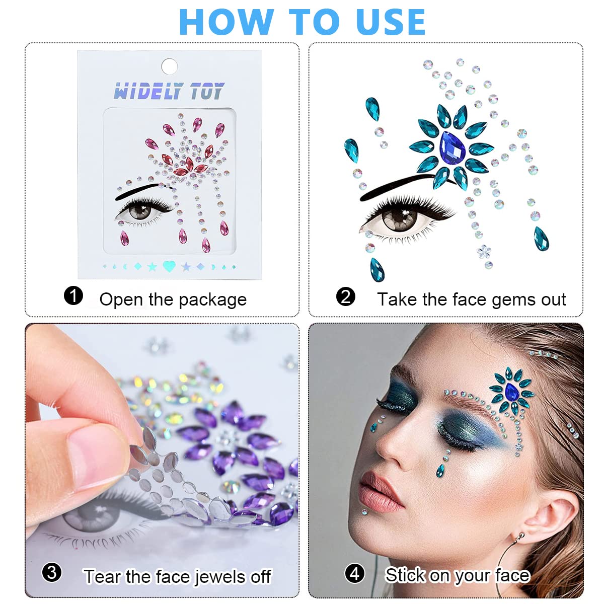 MAYCREATE Face Gems Rhinestones for Festivals and Party Makeup featuring 8 Sets | Reusable Self Adhesive Acrylic Stickers