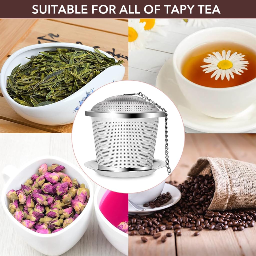 Supvox Tea Infuser for Loose Leaf Tea with 1.96 in Fine Mesh Chain Lid & Tray | 304 Stainless Steel 2 Pcs