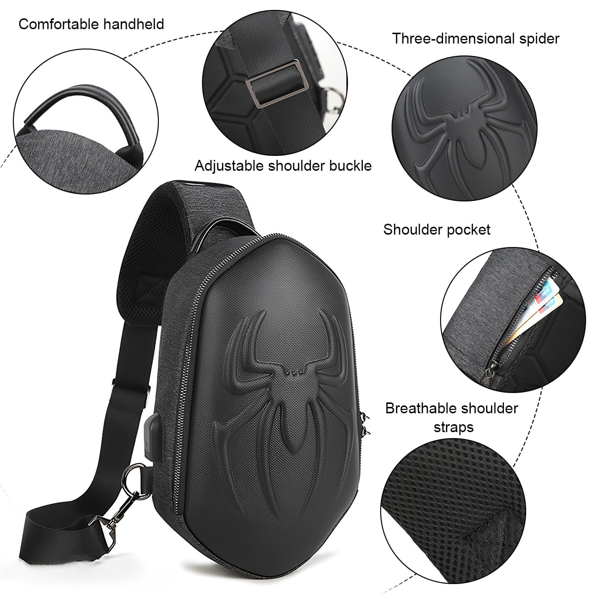 GUSTAVE® Anti-Theft Men's Waterproof Crossbody Bag With USB Charging, Password Lock, Fashionable 3D Spider Design, Durable PVC & Adjustable Strap For Secure Travel & Outdoor Use (31x18x6cm)