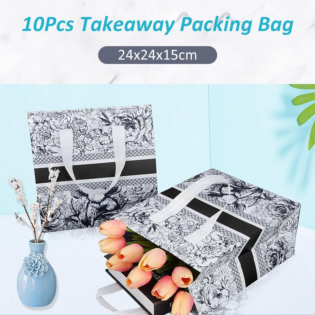 Serplex® 10Pcs Takeaway Packing Bag with Handle Thermal Waterproof Lining Reuseable Food Bags with Sticky Strip Sealing Closure Food Packing Bags for Camping, Picnic, Daily, 24x24x15cm