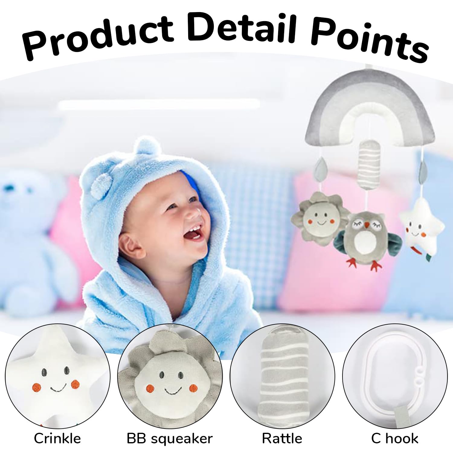 SNOWIE SOFT Owl Plush Baby Toy for Crib and Stroller with Squeaky Device | Low Saturation Colors