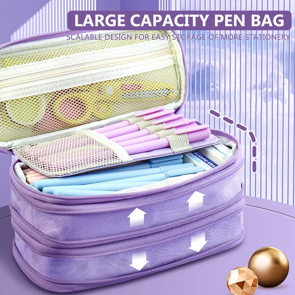 Climberty Large Capacity Pencil Case, Foldable Design Canvas Pencil Pouch with Zipper Compartments & Handle, 3 Layers of Storage 3 Zippers, Aesthetic Pencil Case for Girls Adults Studen (Purple)