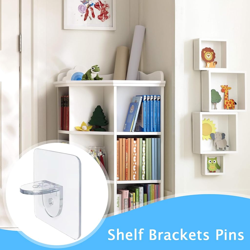 ZIBUYU® 20 Pcs Transparent Self Adhesive Shelf Bracket & Pegs, 7x7cm No Drill Punch-Free Wardrobe Partition Holder, Hooks for Kitchen, Bathroom, Closet & Wall Heavy Duty, Multi-Use Stickers