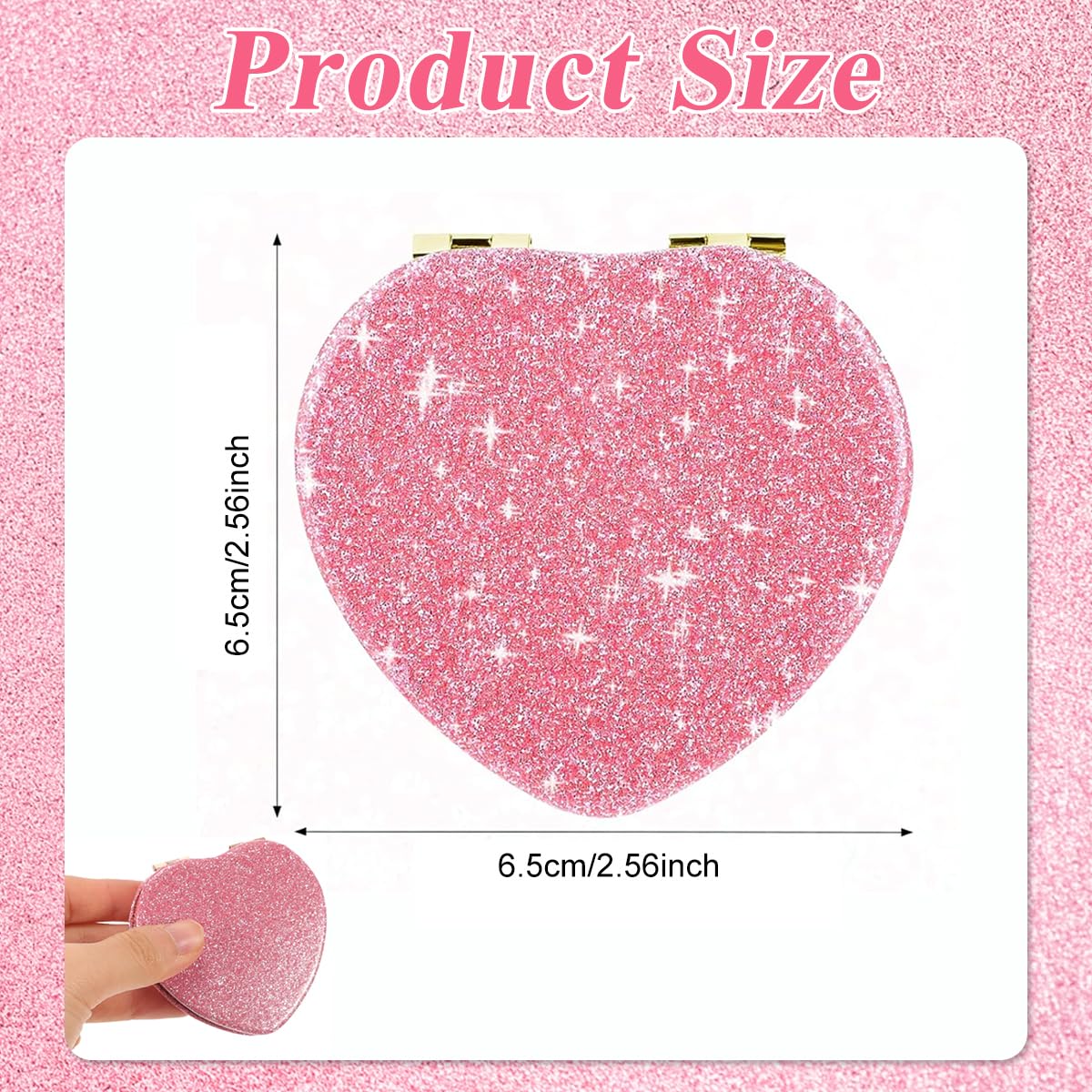 MAYCREATE Mini Heart Folding Mirror for Travel with Dual Mirrors and Pink Glitter Design | 6.9x7.21cm Compact Makeup Mirror for Women