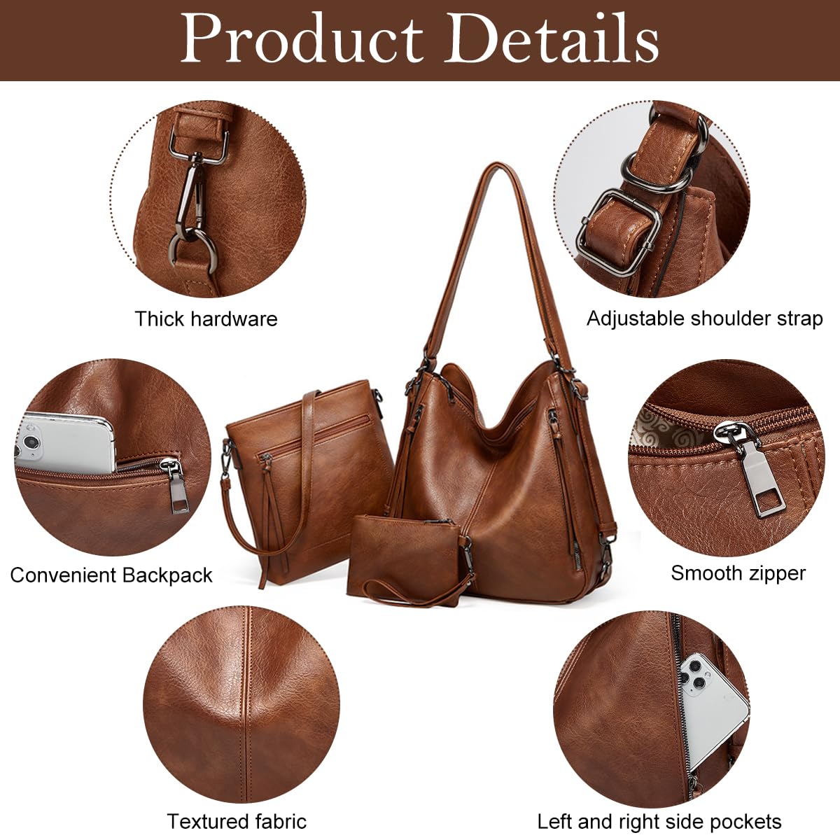 ZIBUYU Purse Set for Women with 3 PU Leather Bags featuring Tote Shoulder and Zipper Styles