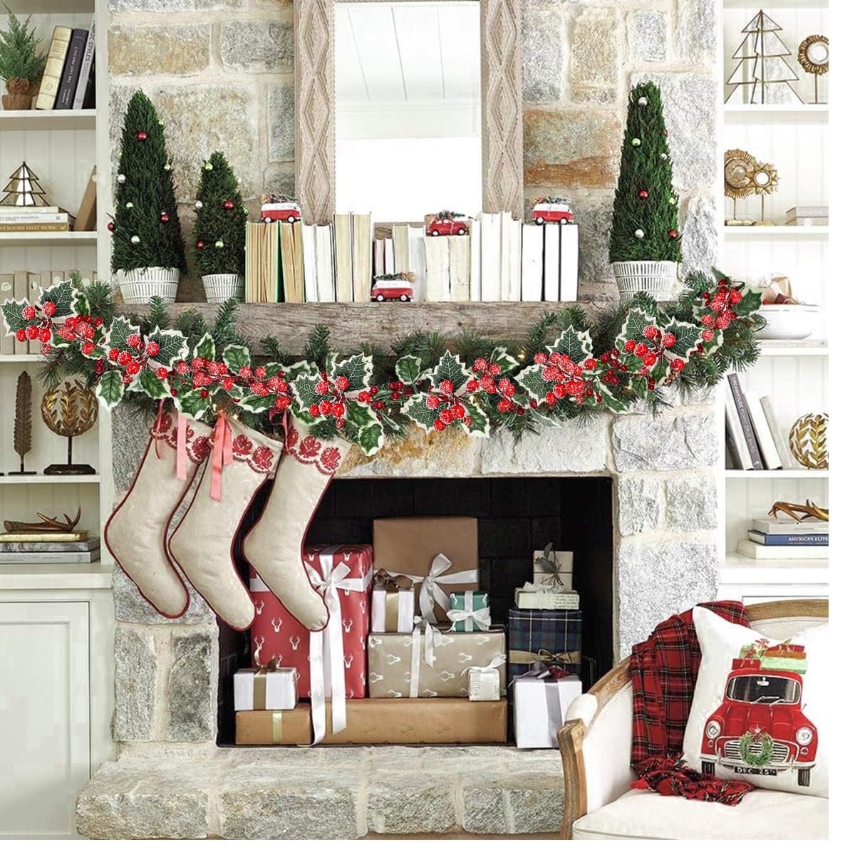 HASTHIP Christmas Berry Garland for Fireplace Mantel and Stair Decor with 5.7ft Vine | Frosted Red Berries and Green Holly Leaves