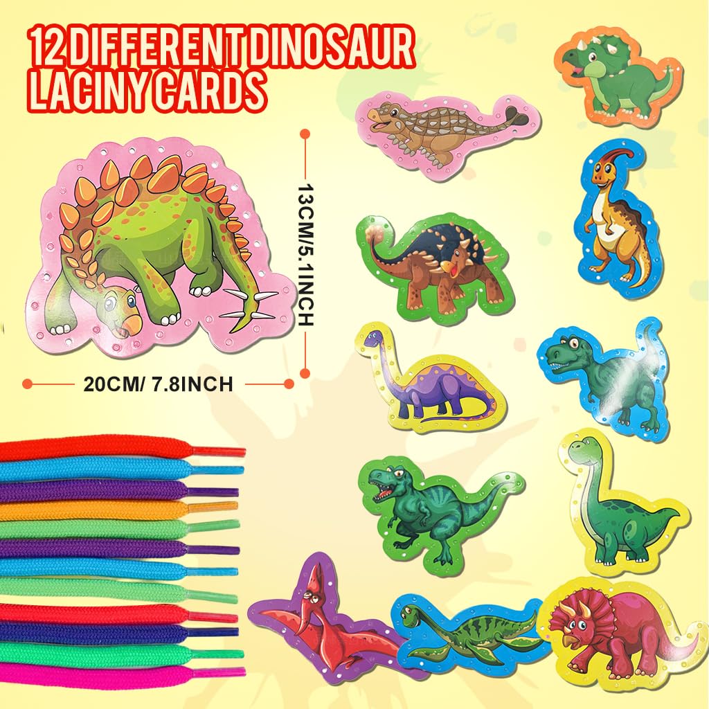 PATPAT Dinosaur Lacing Cards for Kids including 12 Cards and 12 Ropes | Fine Motor Skill Learning Toy