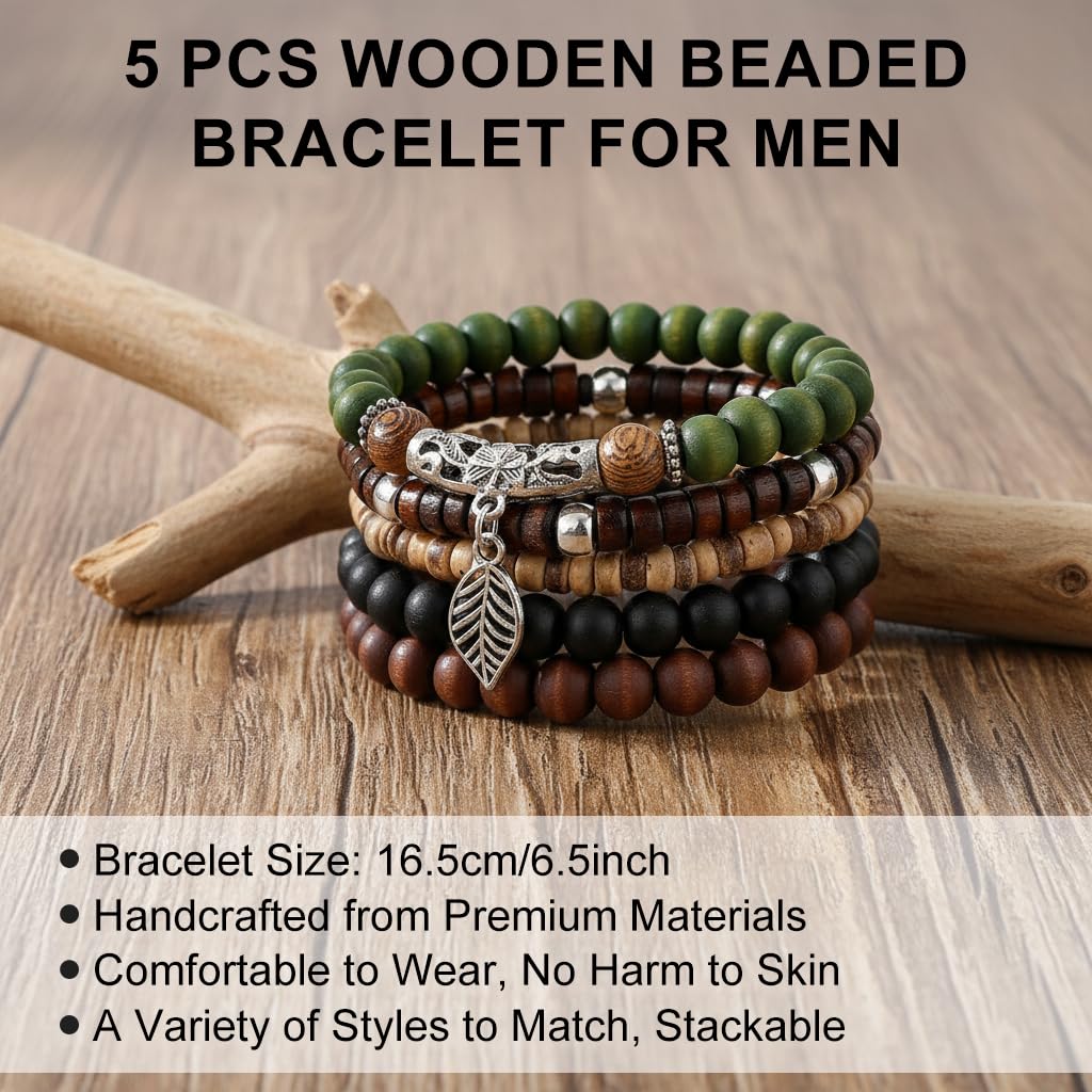 GUSTAVE Multi Layer Beaded Bracelet Set for Daily Wear with Wooden Beads and Alloy Charms | 5 Piece Boho Jewelry for Men and Women