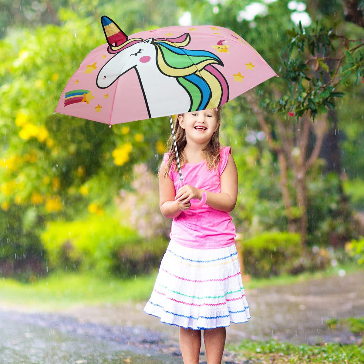 PALAY Kids Umbrella for Rain with 29 inch Canopy and Curved Handle | 3D Unicorn Design