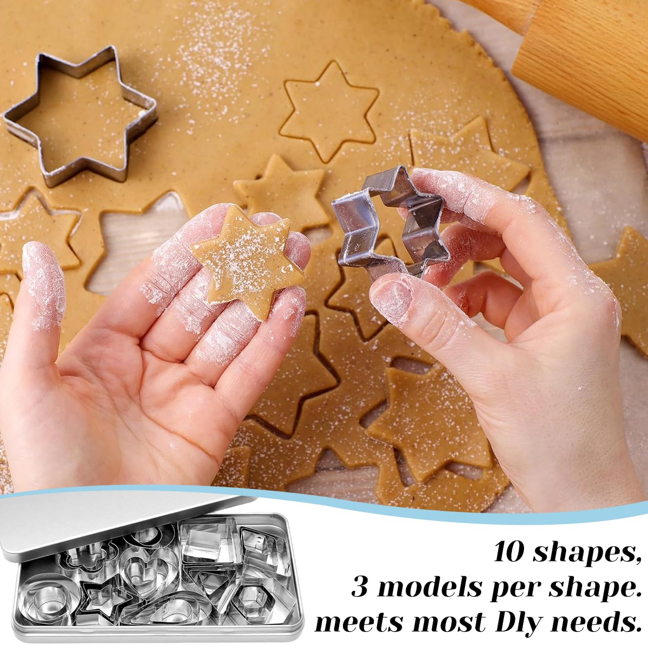 Supvox Stainless Steel Cookie Cutters Set with 30 Shapes and Silicone Tools | Storage Box