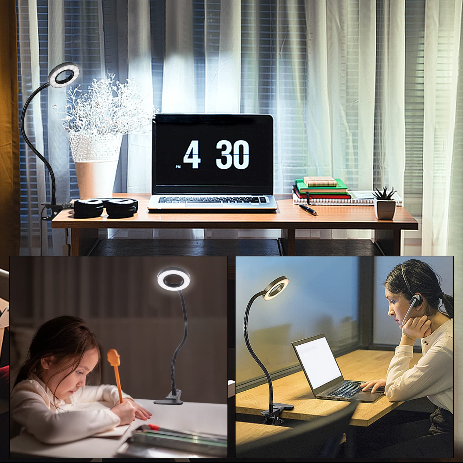 ELEPHANTBOAT Book Light for Reading and Studying with 10 Dimmable Brightness Levels | Flexible Clip Lamp with 360° Hose and USB Power