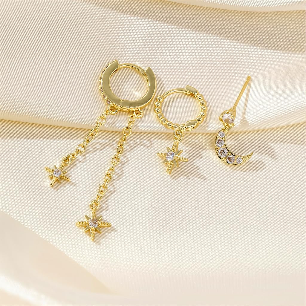 SANNIDHI Earrings Set for Women featuring 3 Pairs Gold Plated Stud Hoop Moon and Star | Multiple Piercing Combo