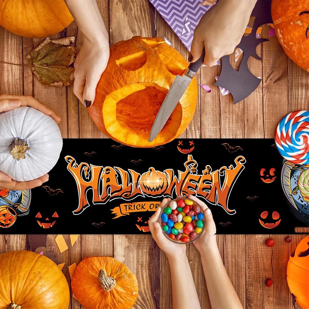 HASTHIP® Halloween Table Runner 12.9x70.8 inches Halloween Evil Pumpkin Linen Cloth Runner for Halloween Table Settings Halloween Table Decorative Dining Table Runner Creative Halloween Home Decor