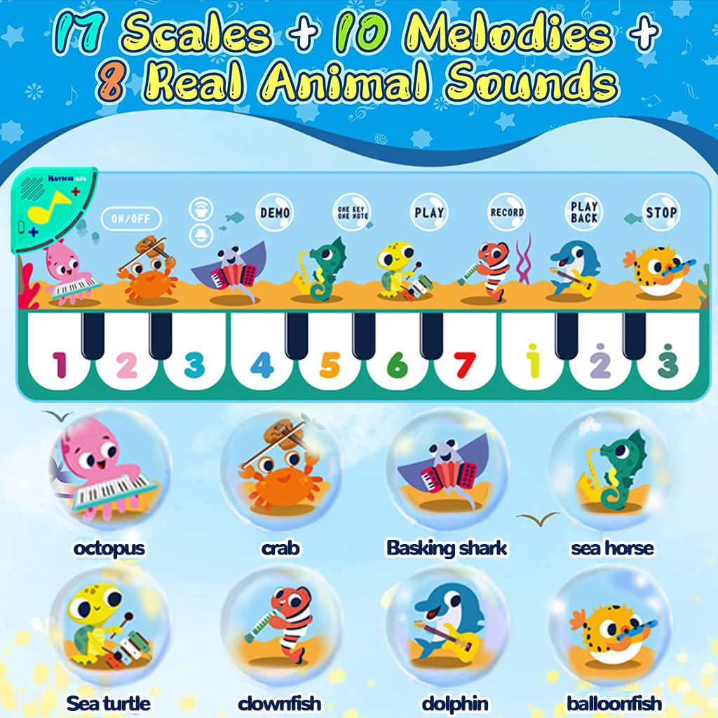 PATPAT Piano Mat for Kids with 8 Sounds and 6 Modes 110×36cm Foldable Play Mat | Blue