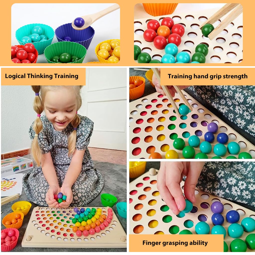 PATPAT® Montessori Toy Color Wooden Pegboard Beads Game, Rainbow Color Sorting, Montessori Toys for Age 3+, Educational Puzzle Toy for Toddlers, Preschool Activity Game Set, Children's Day Gift