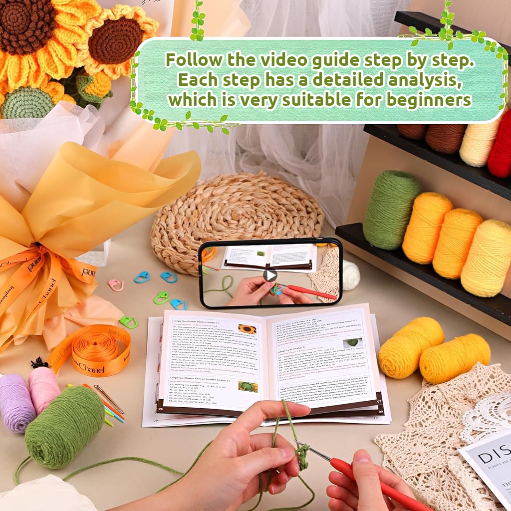 PATPAT DIY Crochet Kit for Sunflower Bouquet with Yarn Hooks and Tutorial | Home Decor Gift Set