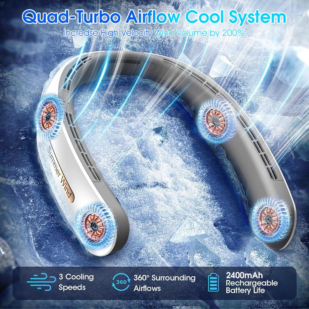 ZORBES Portable Neck Fan for Travel and Outdoor Use with 4000mAh Battery featuring Bladeless Turbo Cooling | White