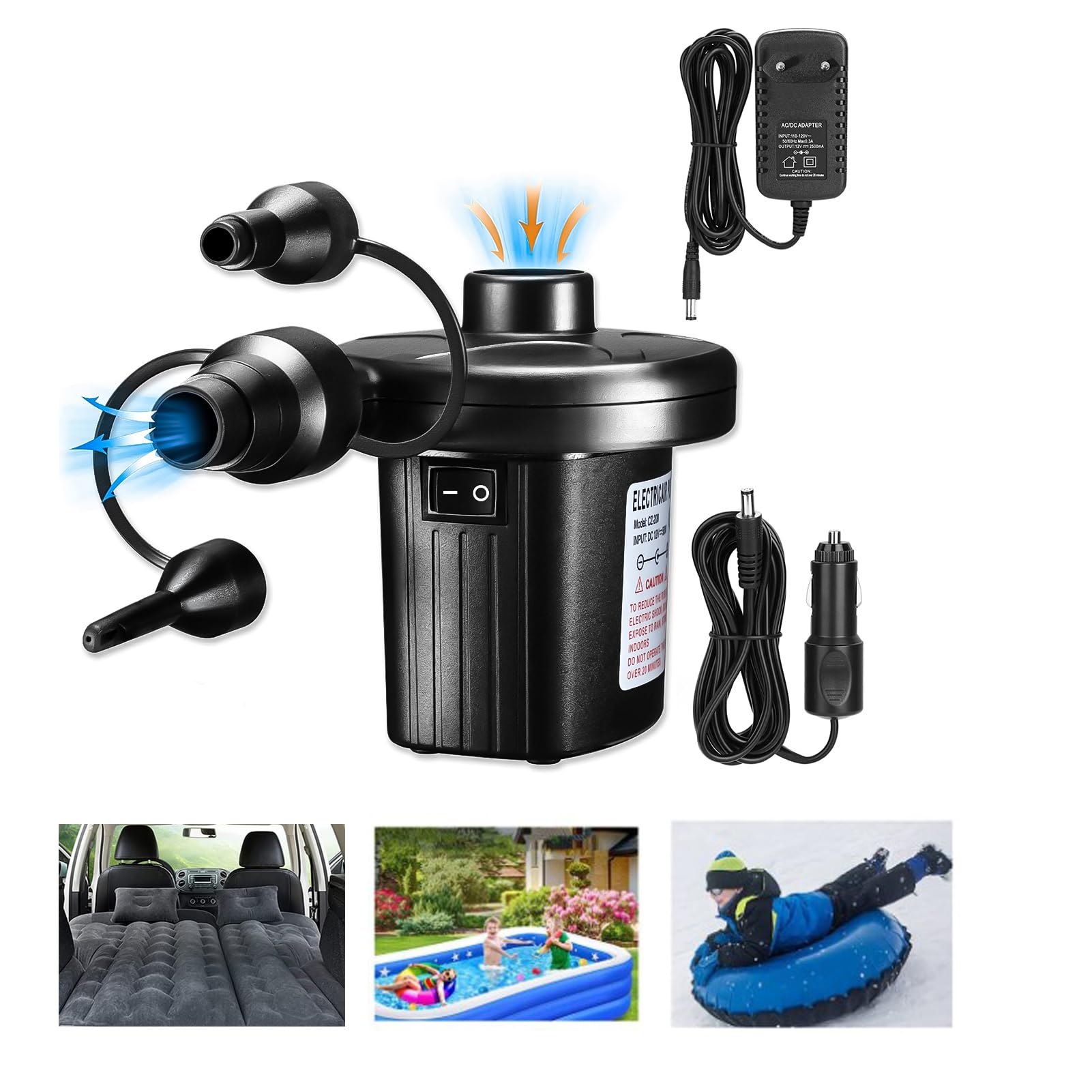 Serplex® 2 in 1 Electric Air Pump for Car Home, 220V AC/12V DC Electric Pump with 3 Nozzles, Air Pump with Vacuum, Car Air Pump Swimming Pool Pump, Air Cushion Pillow, Inflatable Bed