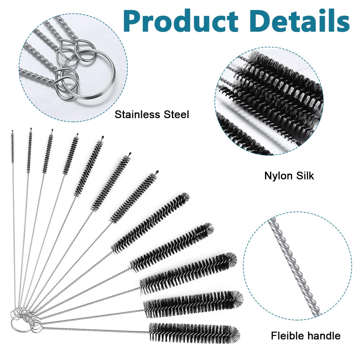 HASTHIP Straw Cleaner Brushes for Bottles and Sippy Cups with Fine Tip | 12pcs 8 in Stainless Steel and Nylon Set