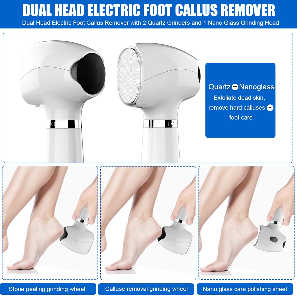 HANNEA® Callus Remover for Feet Electronic, Rechargeable with 2 Roller Head Quartz Nanoglass Grinding Bit Foot Callus Remover, Dead Skin Remover for Feet, Pedicure Tool Kit Foot Care