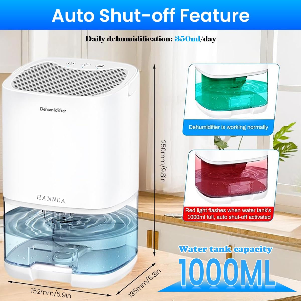 HANNEA Dehumidifier for Room with 1000ml Transparent Tank and Auto Shut Off | Up to 350ml Daily