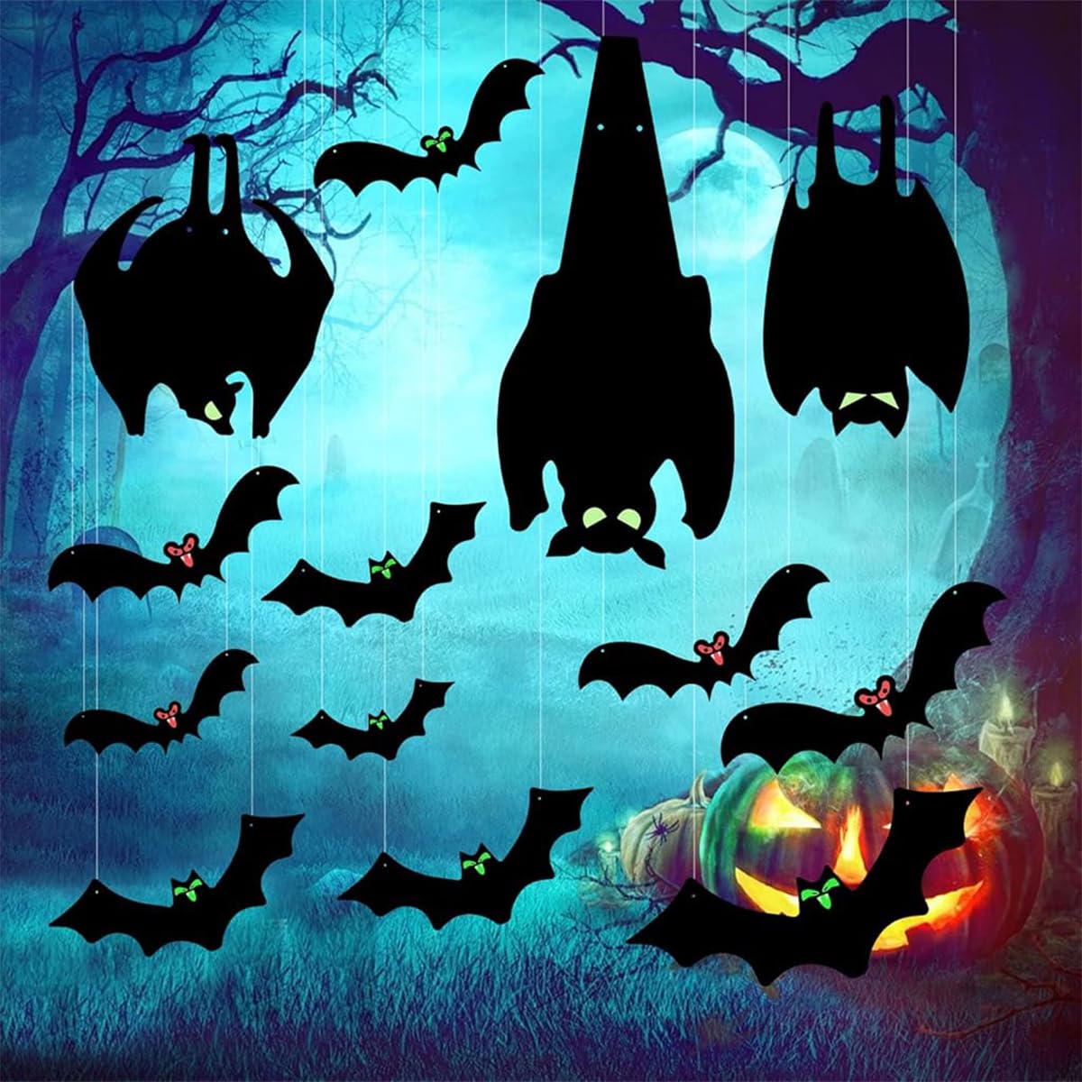 HASTHIP® 13Pcs Halloween Home Decorations PVC Black Bats Silhouette with Glow-in-the Dark Eyes Halloween Tree Hanging Decoration Halloween Garden Decor Wall Hangings