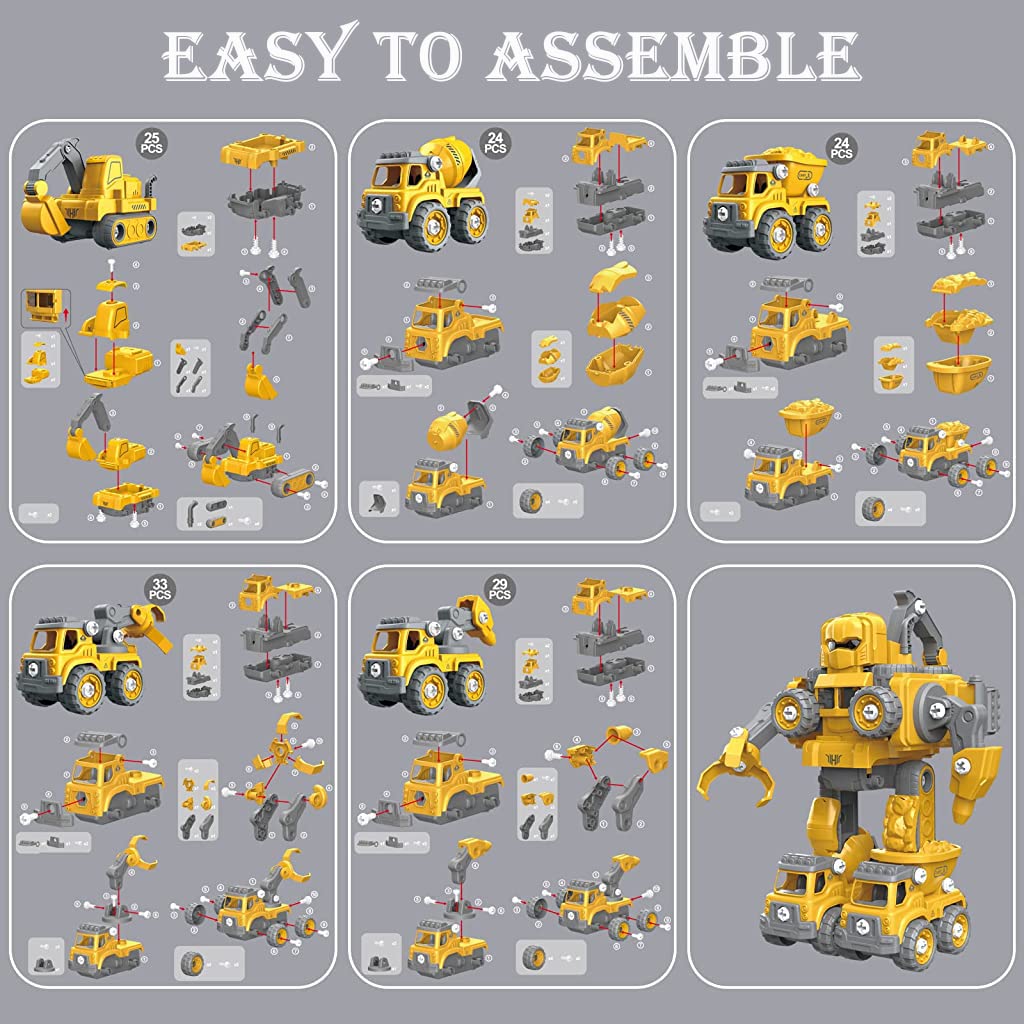 PATPAT Transformer Car Toys for Kids 5 in 1 Engineering Truck with Sound and Light | STEM Gift