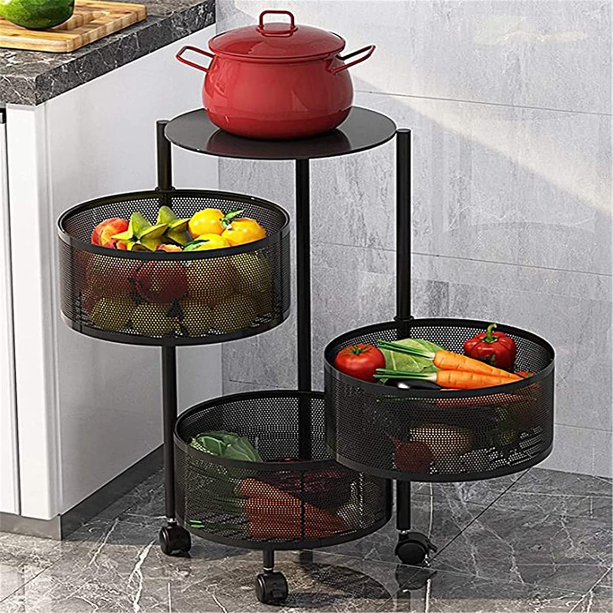 HASTHIP Kitchen Rotating Trolley for Storage with 3 Layer 30cm Mesh Baskets | 360° Wheels