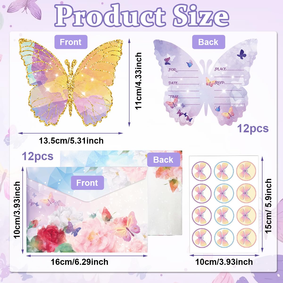 Venzina Butterfly Birthday Invitation Cards for Kids with Envelopes and Stickers 12 Pieces