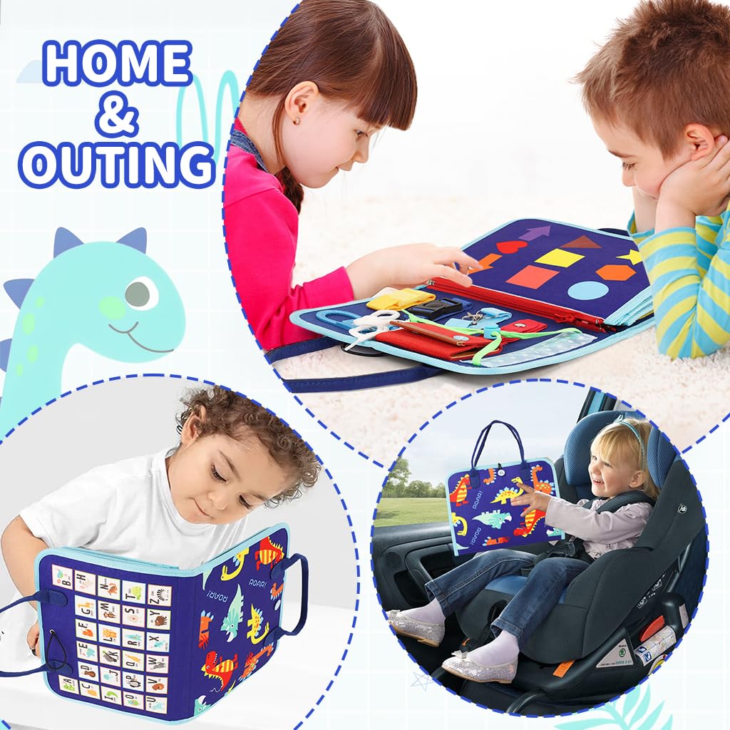 SNOWIE SOFT Busy Board for Toddlers with 10 Pages and Felt Dinosaur Theme | Montessori Travel Toy