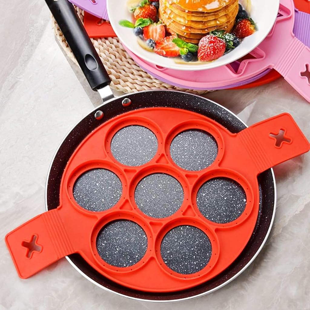 Supvox® Kitchen Egg Ring 2.8'' Diameter 7-Hole Silicone Egg Ring Pancake Mold with Lifting Handles Heat Resistant BPA Free Silicone Egg Ring  Pancake Maker for Griddle, Fry Pan