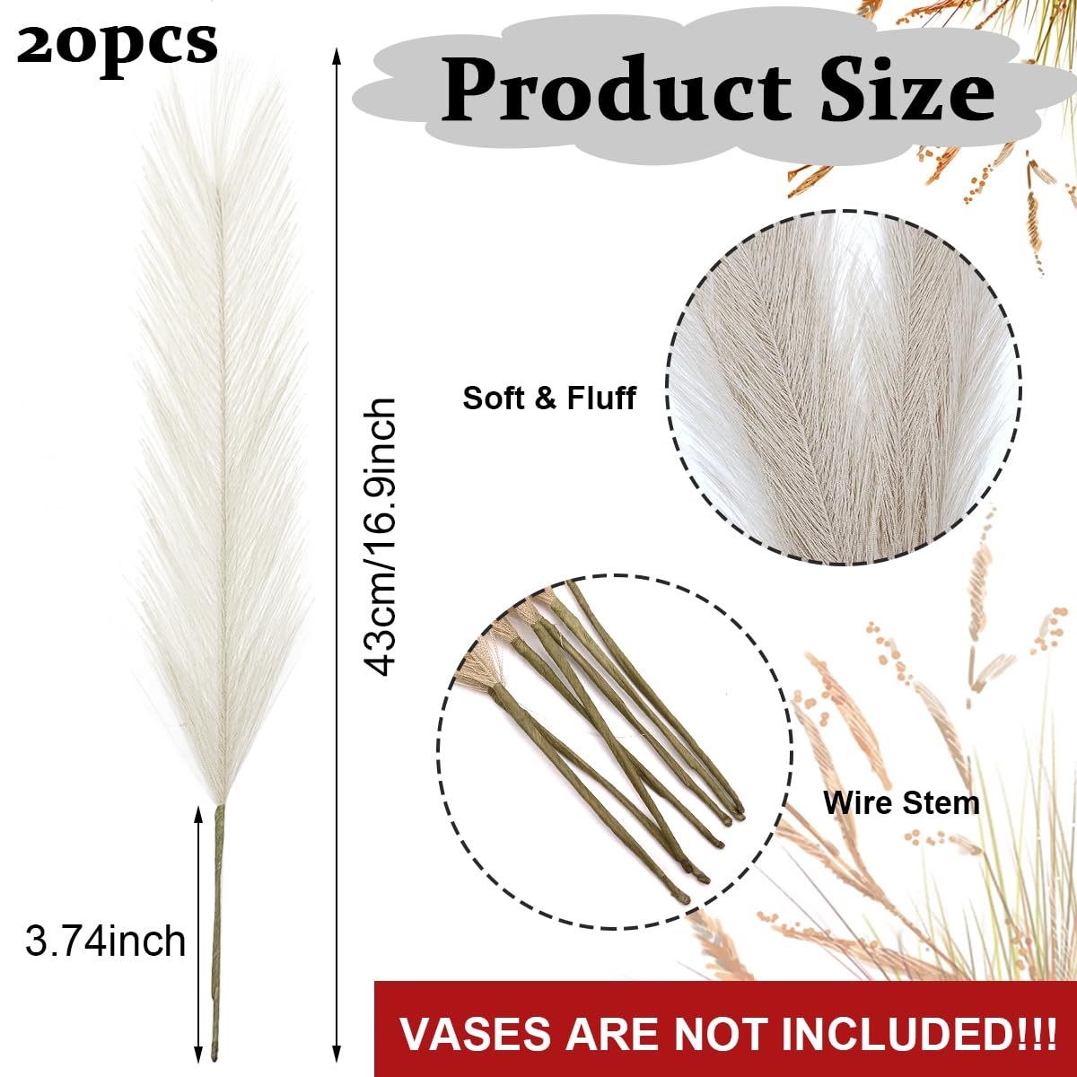 HASTHIP Faux Pampas Grass Decor for Rustic Room Styling with 20PCS 18in Tall Reeds | Boho Farmhouse Vase Fillers