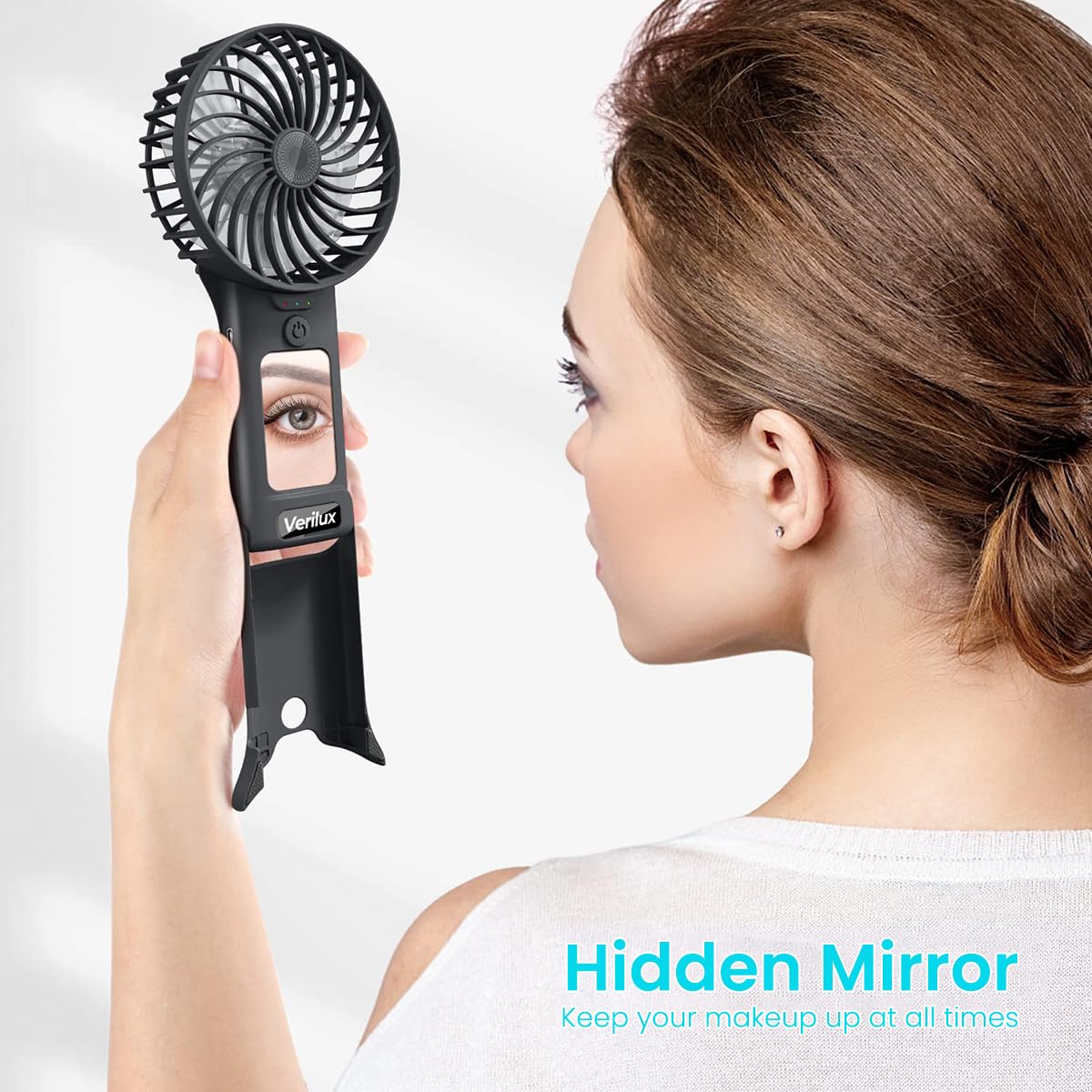 Verilux® Hand Fan Mini Portable Fan with Mirror, 4-Speed USB Fan with Foldable Stand Base, Lasting Max 20Hrs Working Time, Rechargeable Fan for Girls Women Traveling Outdoor (Black)