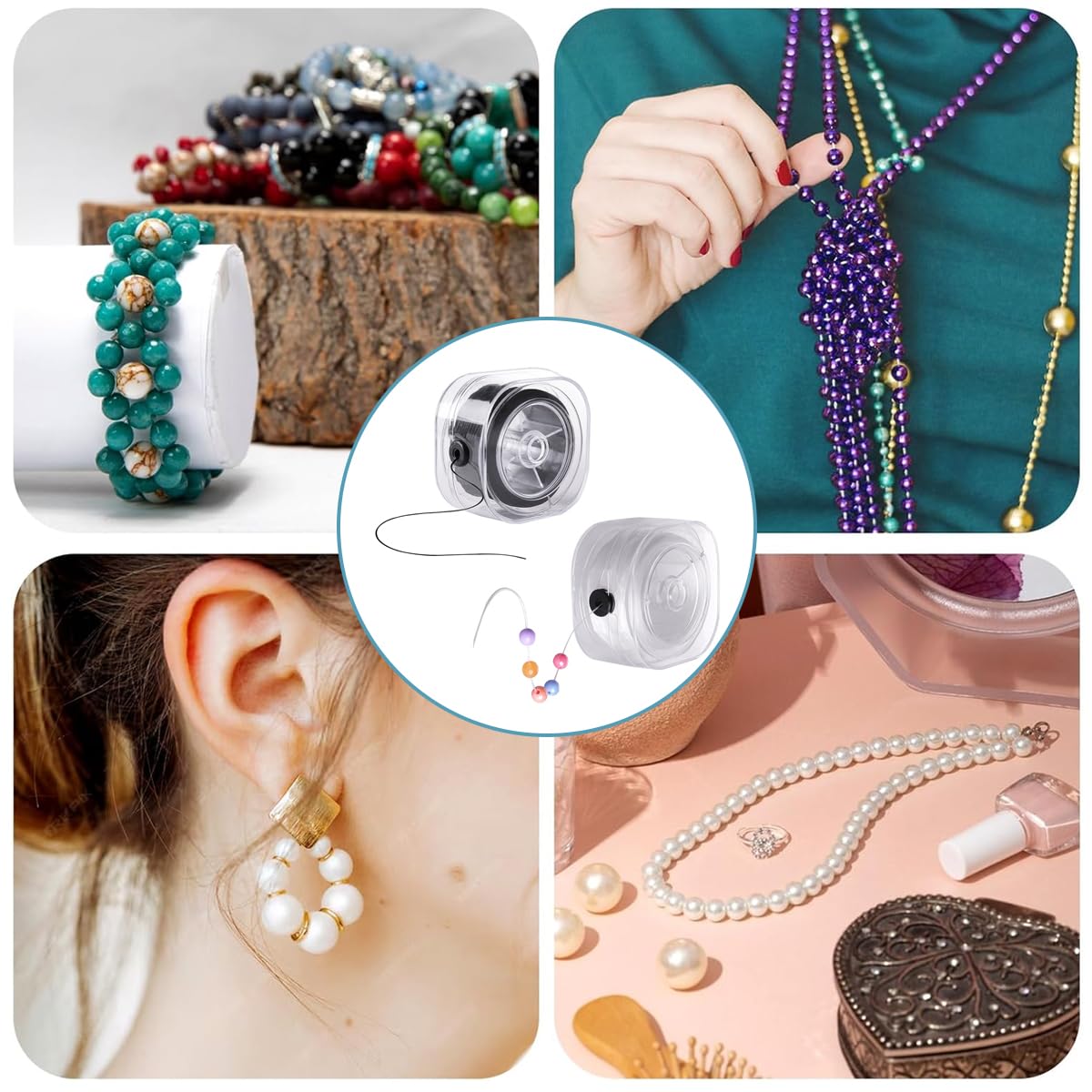 HASTHIP Elastic Cord for Bracelets with 0.8mm Flat Stretch Design 2 Rolls 295ft Each Black&White | Ideal for Jewelry Making and Beading Projects