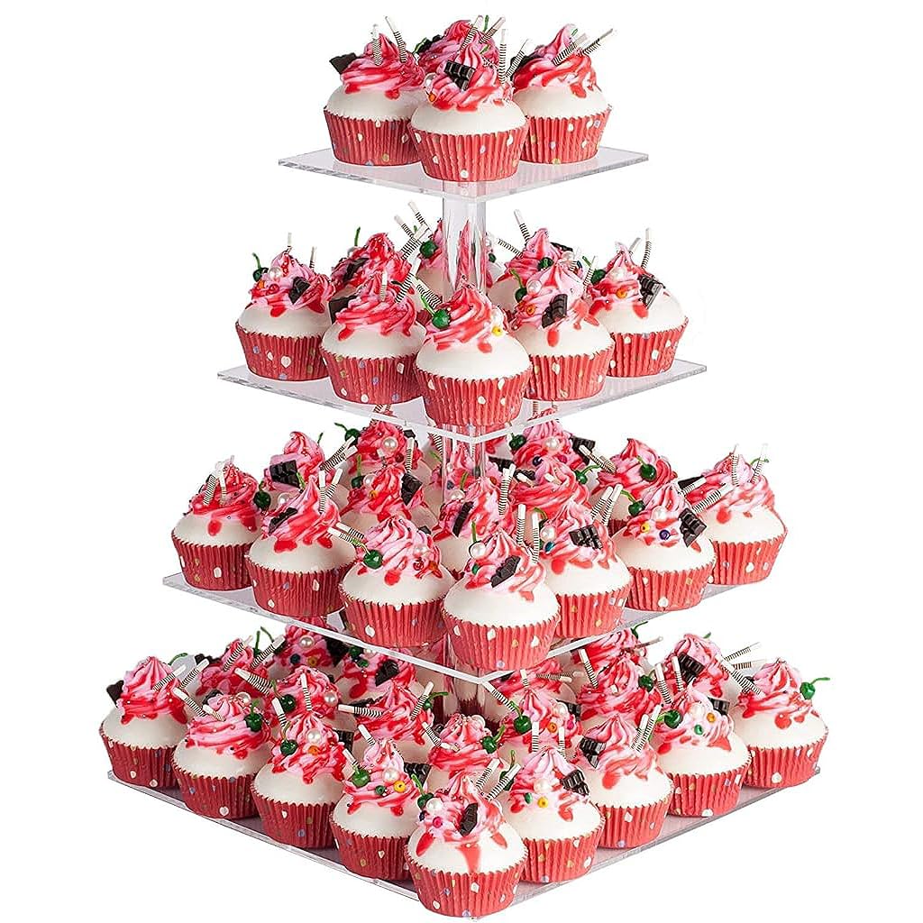 Supvox Acrylic Cake Stand for Cupcakes and Desserts featuring 4 Tier Square Design 15.7 in | Clear Display for Parties