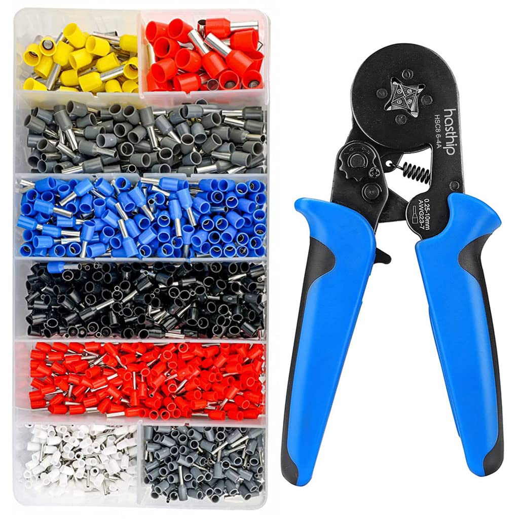 HASTHIP® Ferrule Crimping Tool Kit,Self-Adjusting Square Wire Crimper Plier for AWG23-7 with 1200PCS Red Copper Wire End Terminals,Sleeves Ferrule Ratchet Wire Crimping Tool-Ferrule Crimper Kit