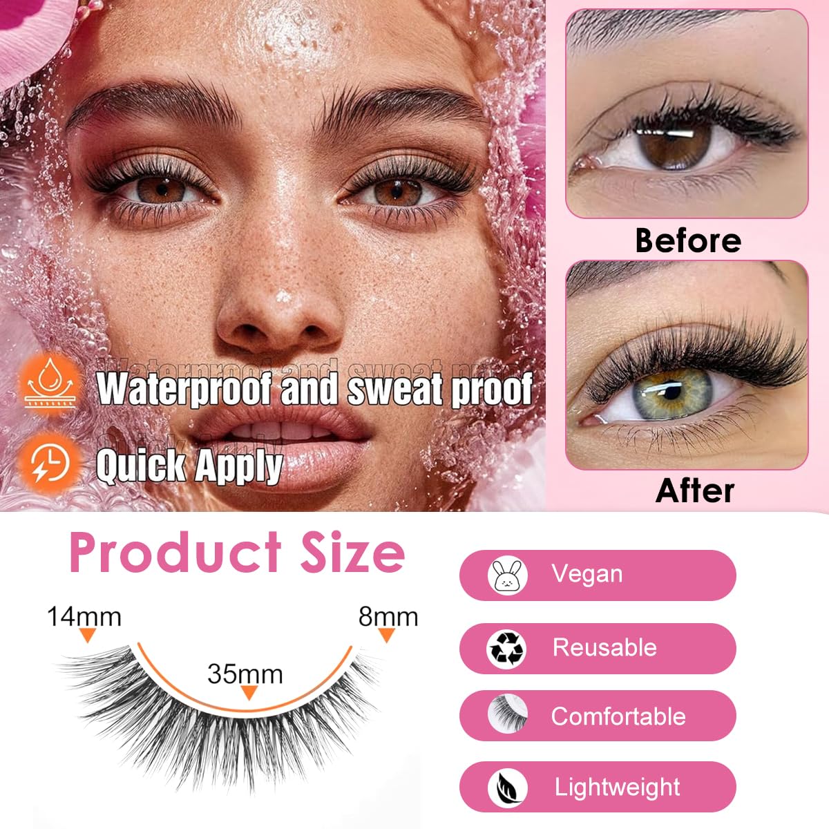 MAYCREATE Self Adhesive False Eyelashes for Daily Wear featuring Pre Glued Strip and Clear Band | 5 Pair Fiber Lashes for Beginners