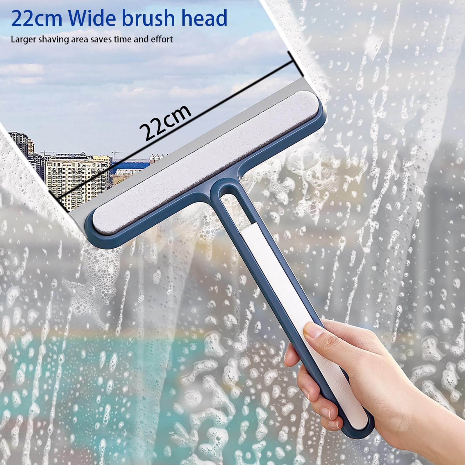 HASTHIP Glass Cleaning Wiper for Windows and Mirrors featuring DualSided Design with Ergonomic Handle | BlueWhite 4in1 Set for Home Office & Car