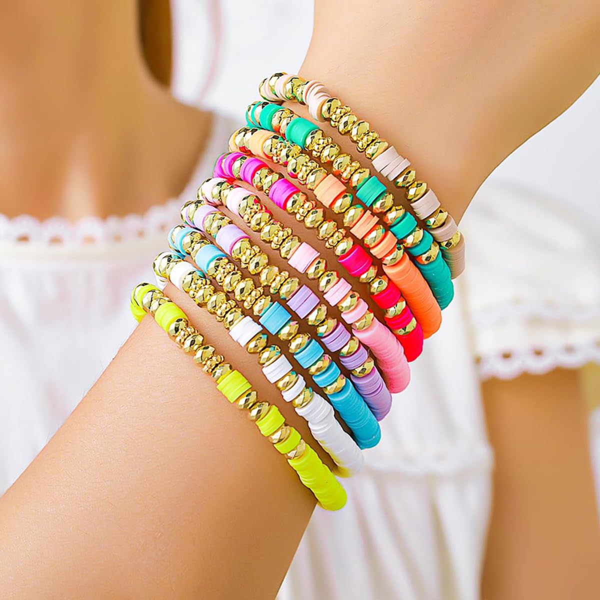SANNIDHI Bracelet Set for Girls with Stretch Cord and Golden Beads | 9Pcs Clay Boho Jewelry