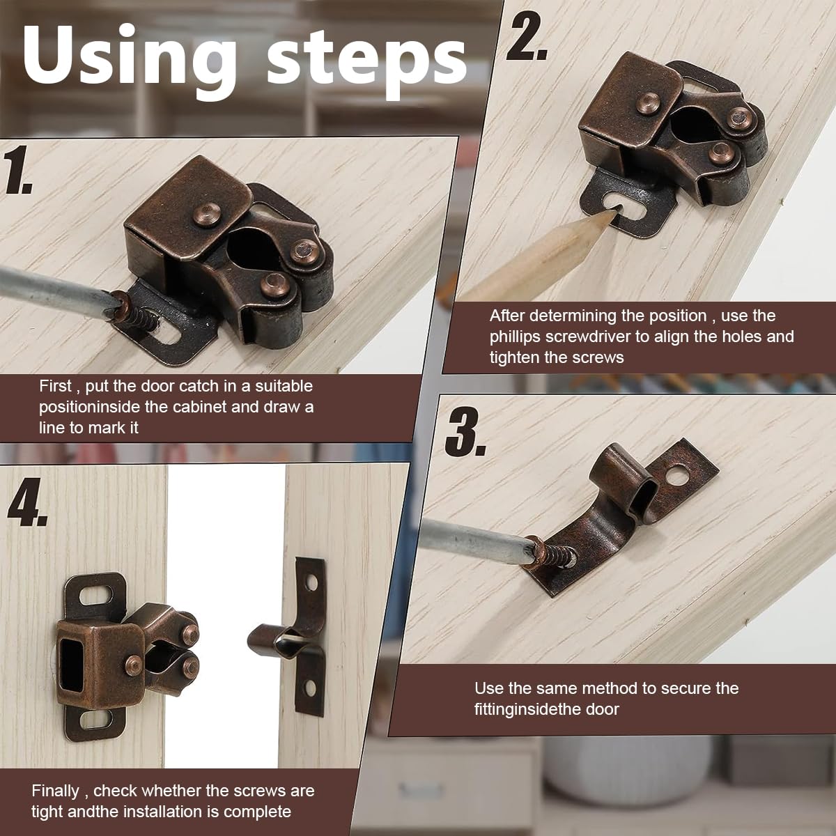 Venzina Cabinet Door Latch for Cupboard and Closet with Double Roller Catch 4 Pcs Red Brown