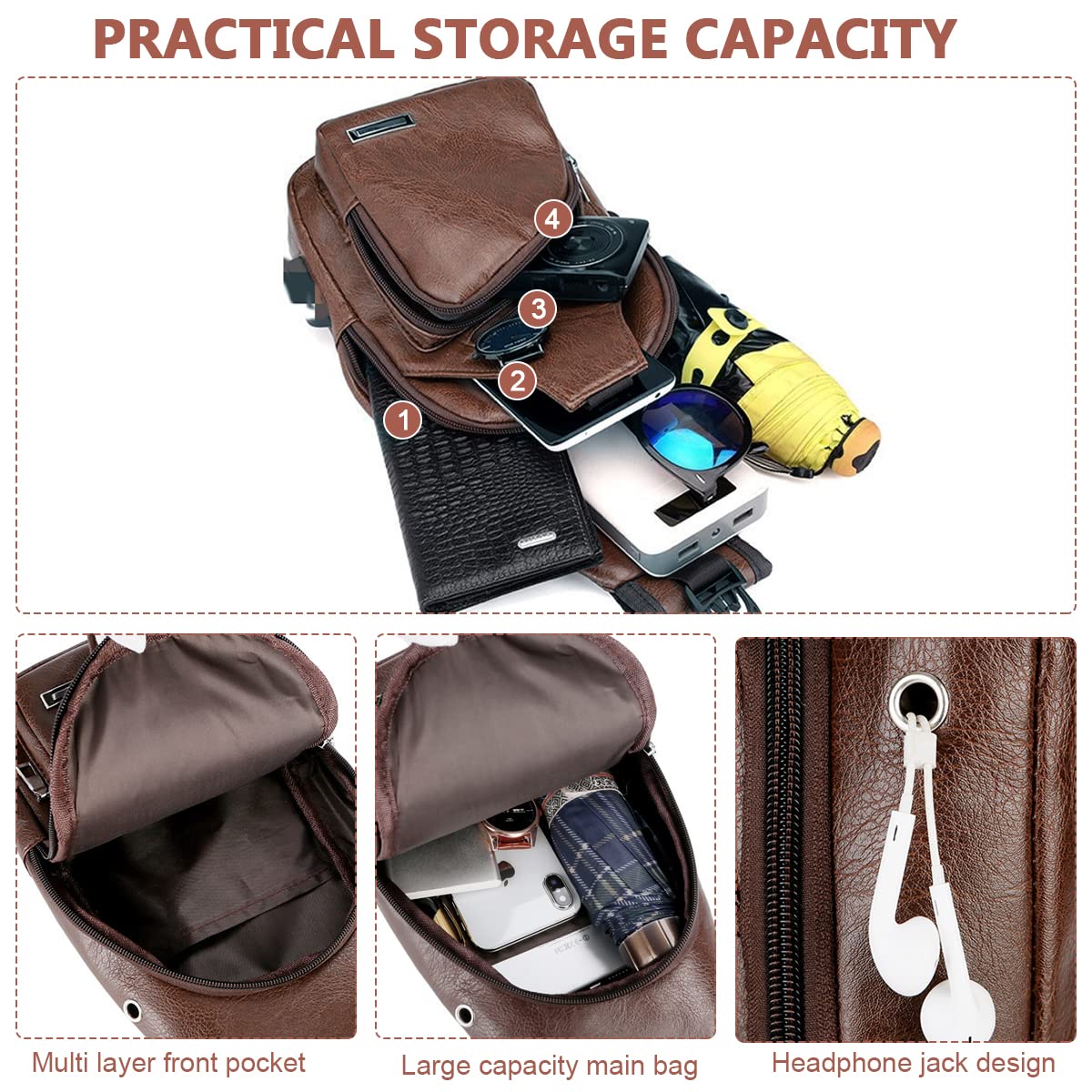 GUSTAVE Crossbody Bag for Travel and Commuting featuring USB Vent | Waterproof PU Leather 6.69×3.54×13.78 in