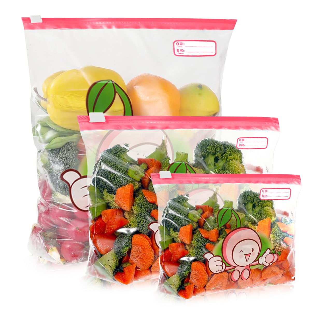 HASTHIP® 40pcs Food Storage Bags 3 Sizes Zip Lock Bags Transparent Zip-lock Food Bags with Date Label Double Sealing Strips Leaking-proof Food Bags for Freezer Food Grade Safe Food Bags